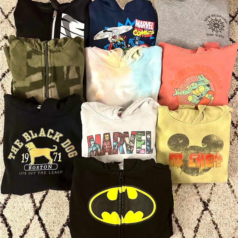 10pc Boys Hoodie Set - Size S (6/7) Multiple Brands, Nike, Black Dog, Marvel